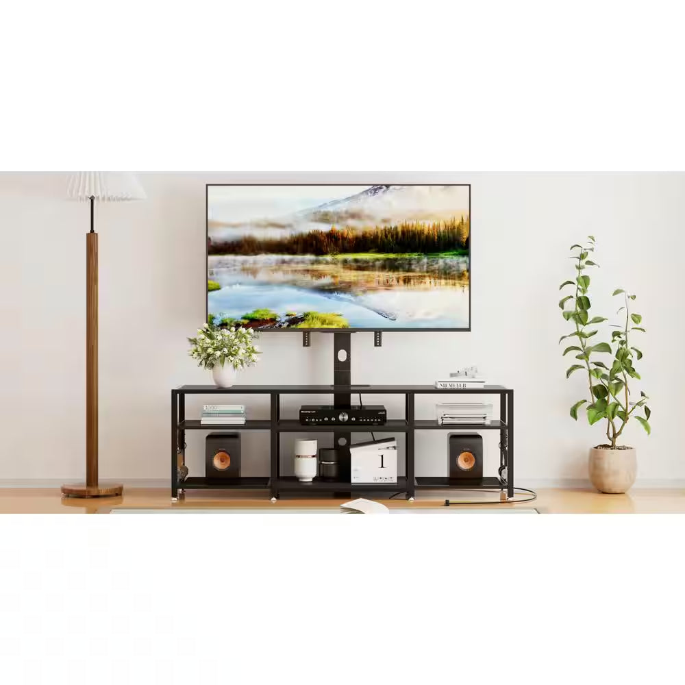 TV Stand with Adjustable TV Mount Industrial Wood and Metal TV Console Table, Black for 75 In. TV W Entertainment Center
