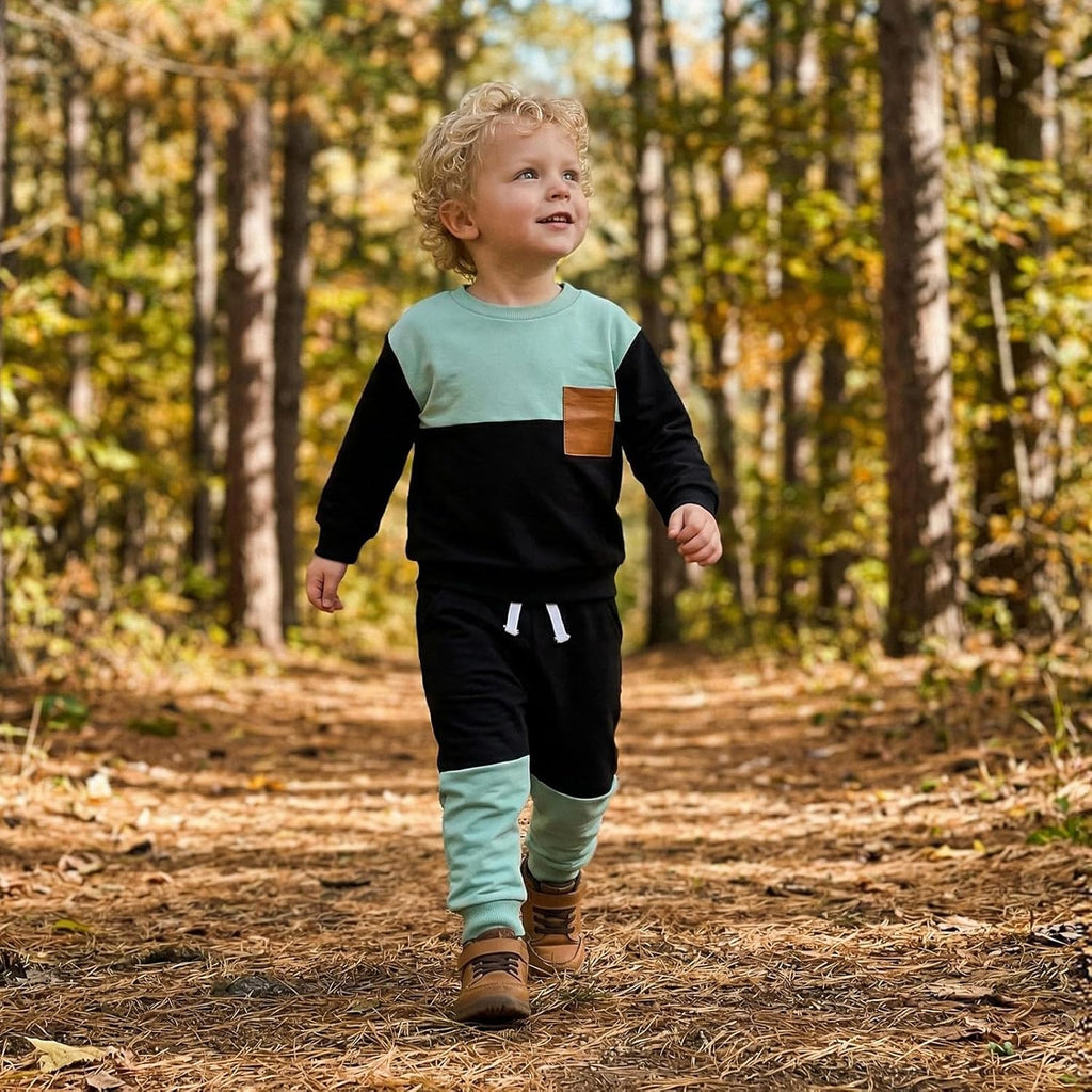 Toddler Baby Boy Fall Winter Clothes Color Block Long Sleeve Sweatshirt Pullover Tops + Joggers Pants Outfit Set