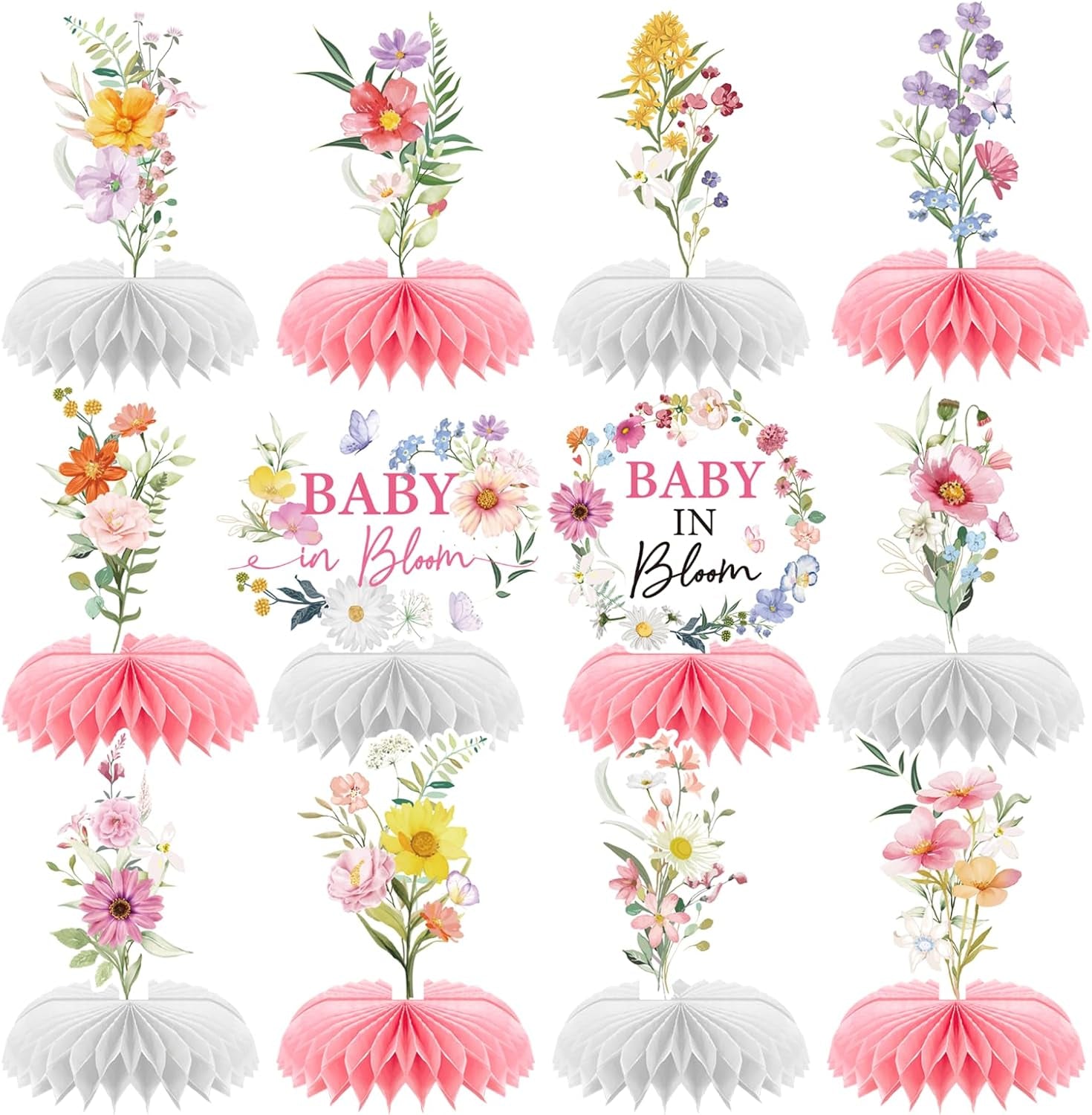 Baby in Bloom Baby Shower Decorations - 12PCS  Wildflower Party Decorations Flower Honeycomb Centerpieces Gender Reveal Decor Floral Baby Shower Decoration Supplies Flower Table Party Decor