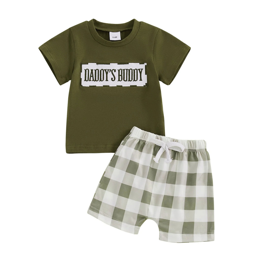 RTKFRFLM Toddler Boy Summer Shorts Set 2 Piece Baby Summer Clothes Daddys/Mamas Matching Outfit Short Sleeve Embroidery T Shirt Plaid Shorts Set Clothes Set Outfits,Size 6-9 Months