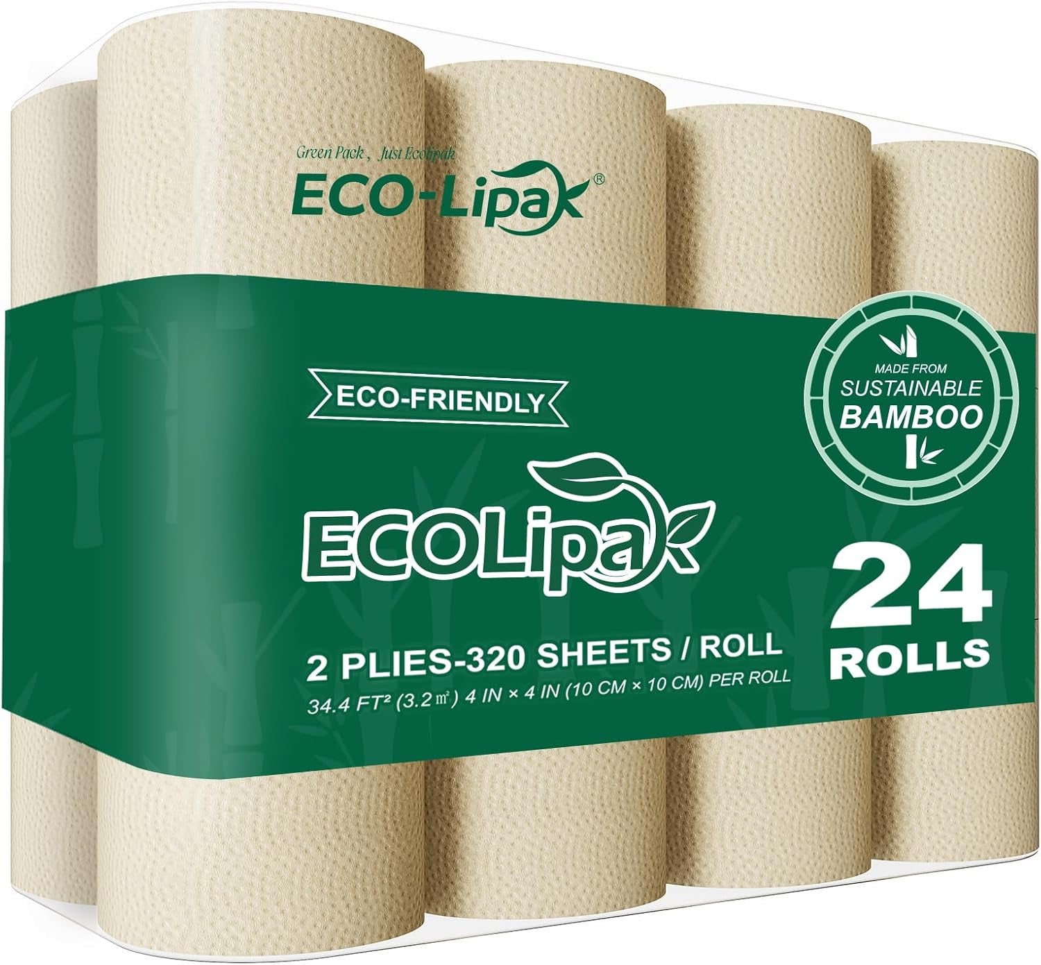 Bamboo Toilet Paper, Septic Safe Toilet Tissue, 24 Double Rolls, 320 Sheets per Roll, Tree Free, Non Toxic, 2 Ply, Soft and Absorbent, Eco Friendly Dye-Free Paper, Nature