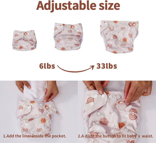 12 Set Reusable Adjustable Cloth Diapers for Newborn | to 0-3 Years,One Size Washable Pocket Nappy Covers for Baby Girl and Boy,6 Pack Cloth Diapers+6Pcs Microfiber Inserts(Pink)