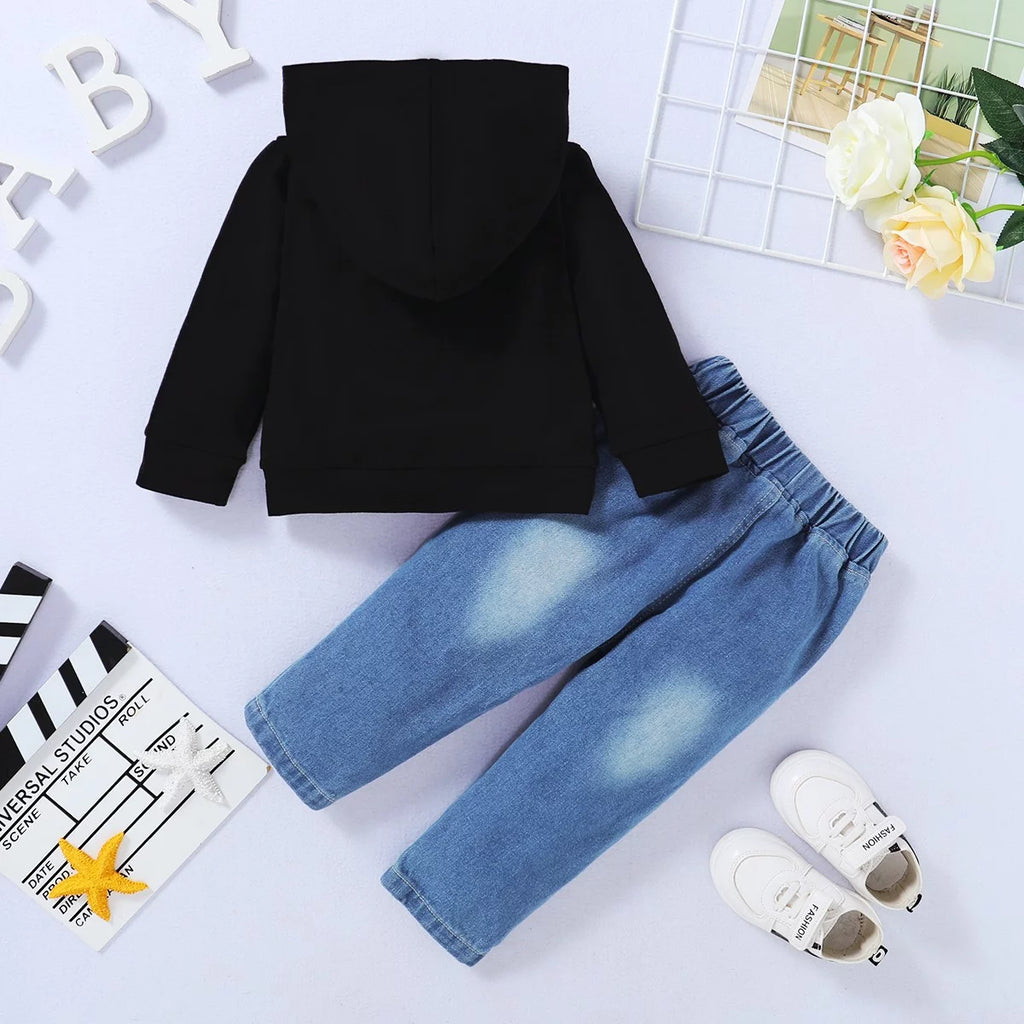 4T Baby Boy Clothes Baby Boy Outfits Hooded Long Sleeve Letter Print Tops Ripped Jeans Pants Set 5T Baby Boy Fall Clothes Black