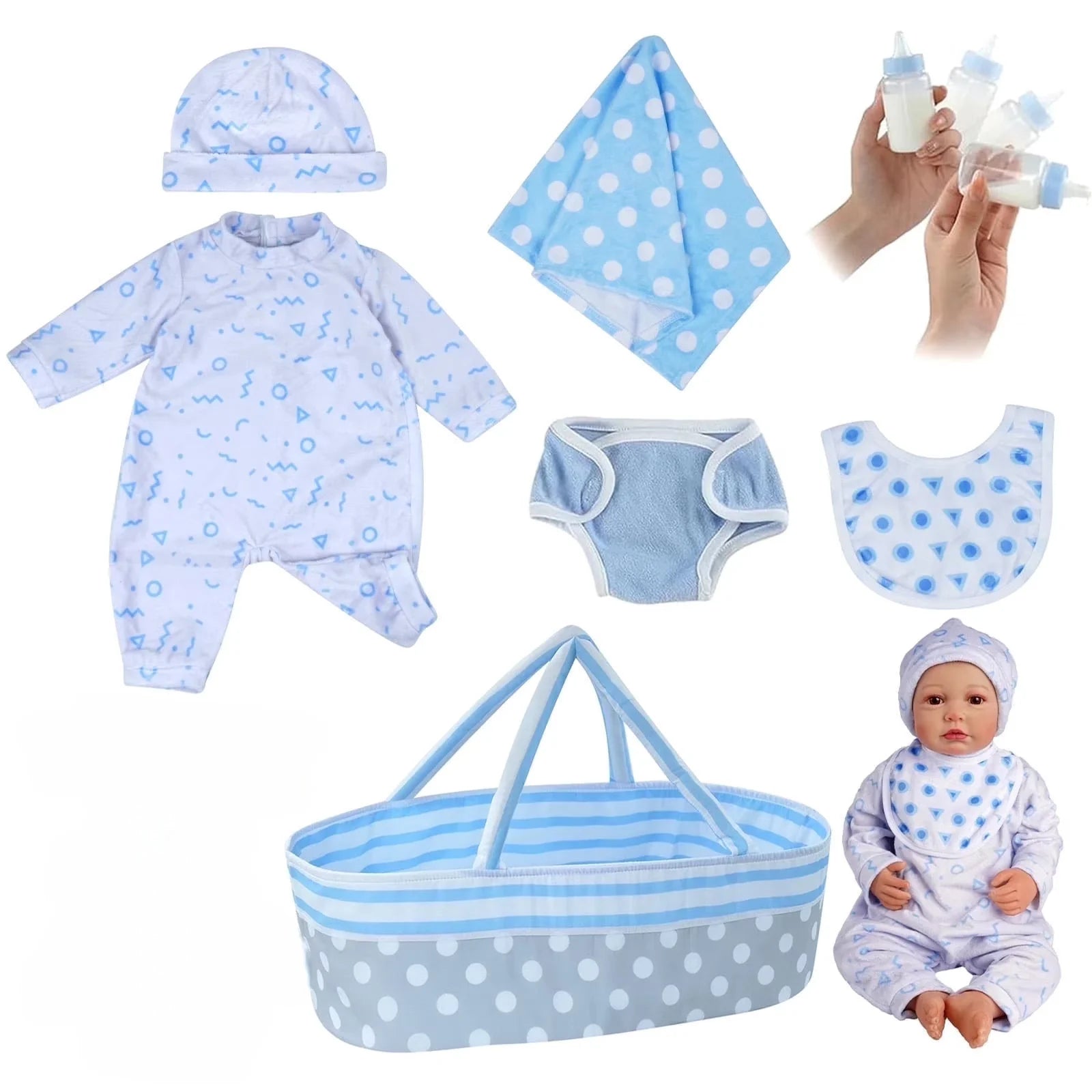 Reborn Baby Accessories with Soft Cloth Body for 17-22 in Doll - 8Pc Clothes Outfit Set for Boys