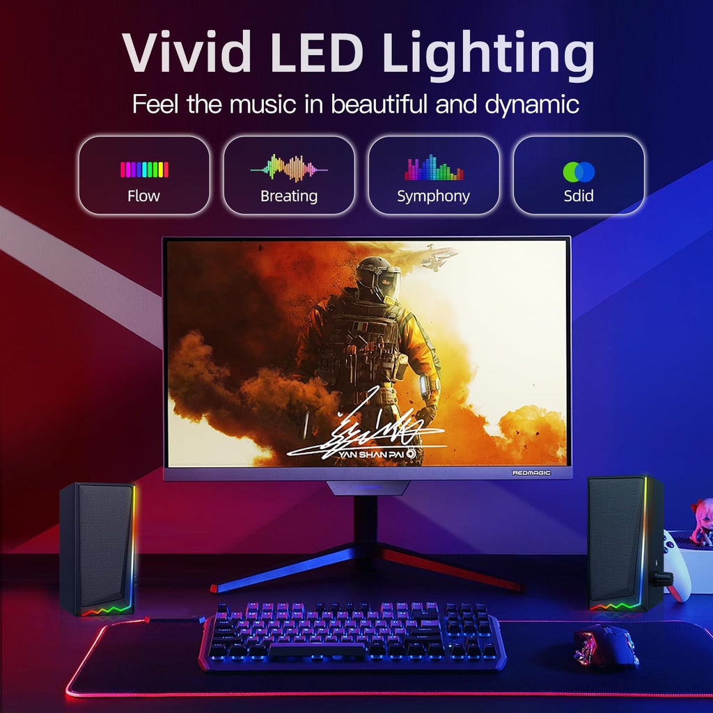 Computer Speakers, Desktop Speakers with Various Colorful LED, Gaming Speakers with Volume Control,For PC, AC Adapter Powered and 3.5Mm Aux-In Computer Speakers