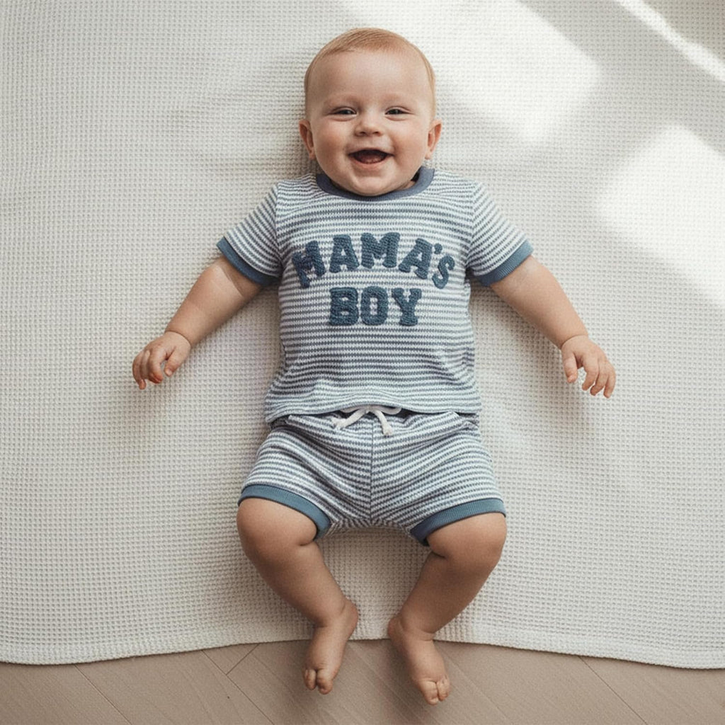 Baby Boy Summer Clothes Mamas Boy Embroidered Waffle Knit Short Sleeve T-Shirt Shorts Set Toddler Striped Outfit