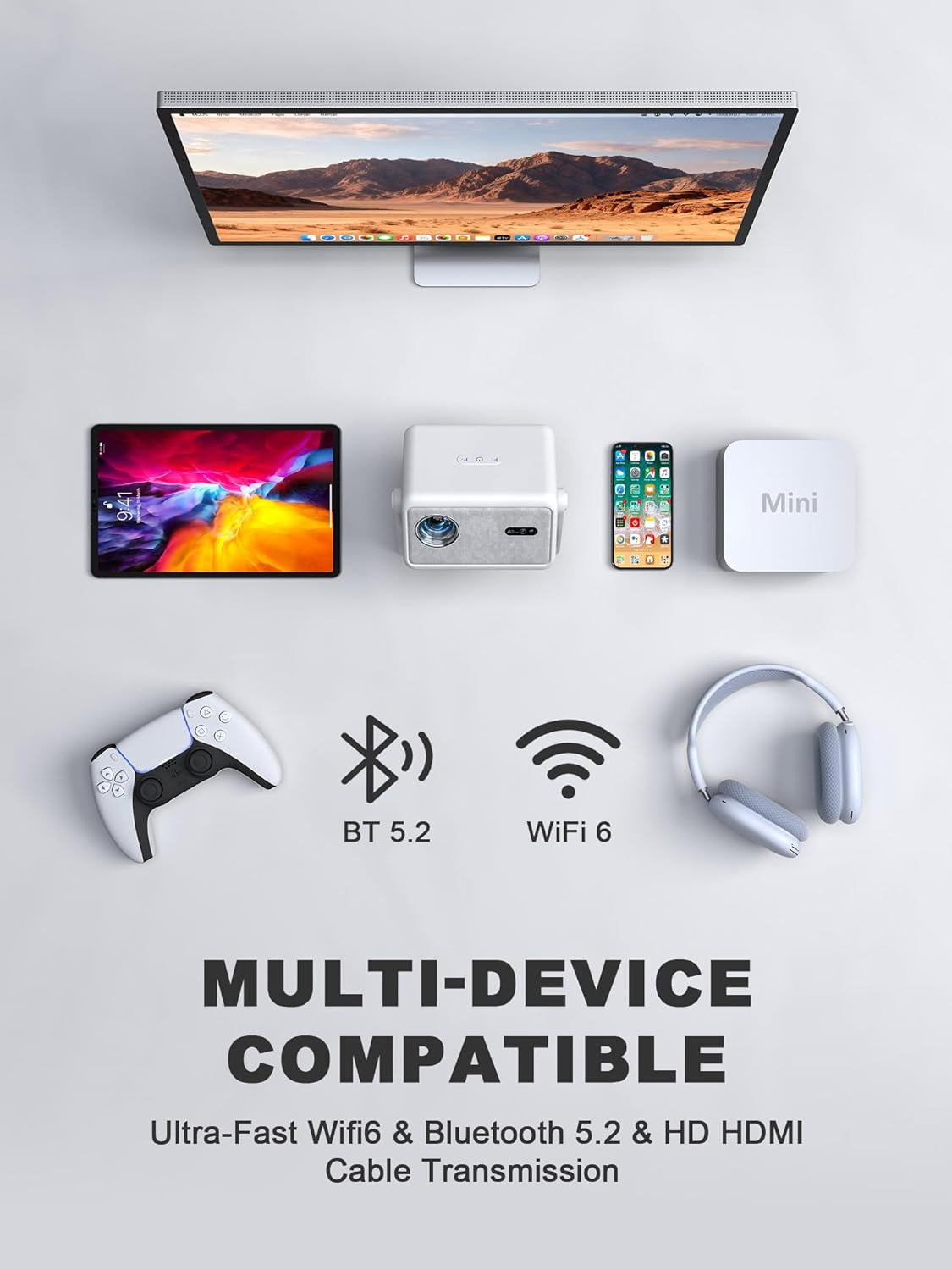 【Compatible with Netflix & Auto Focus 】 Smart Projector with Wifi and Bluetooth, Auto Focus & Keystone Protable Mini Projector with Stand, 4K Home Theater Projector