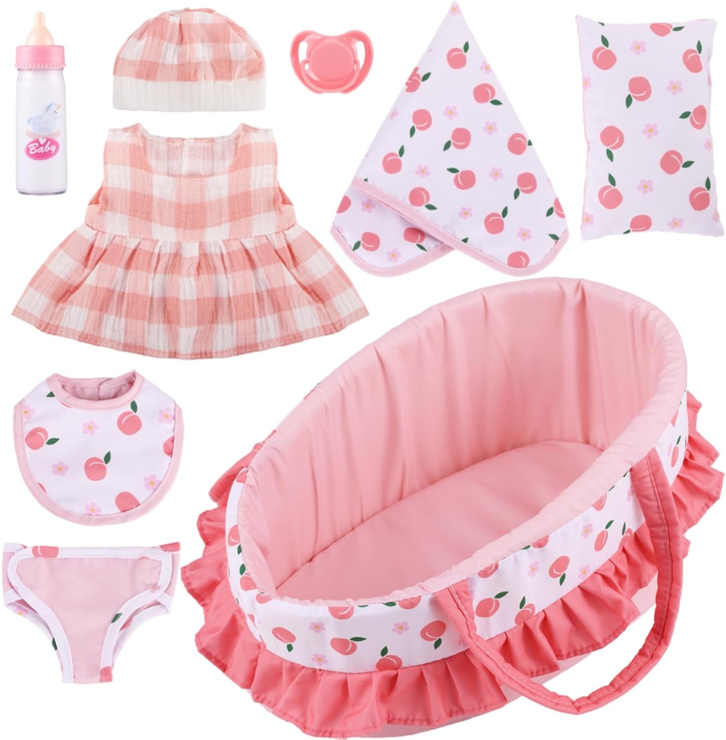Baby Doll Bassinet Carrier, 12 Inch Baby Doll Accessories Set, Baby Doll Carrier Accessories for 12 Inch Baby Dolls, Including Magic Baby Bottle, Bib, Pacifier, Diaper