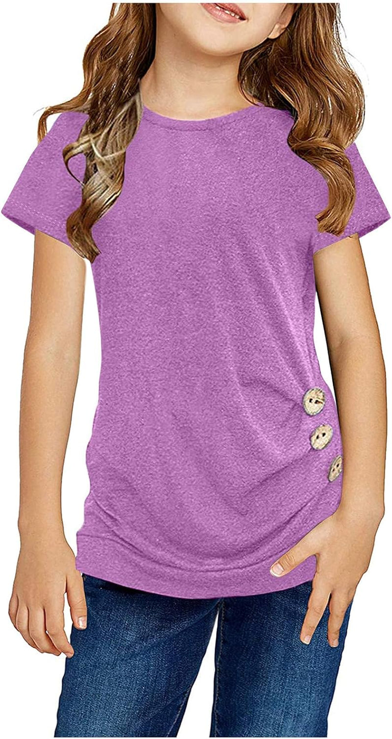 Kids Girls Casual Tunic Tops Knot Front Button Short Sleeve Blouse T-Shirt Tee Blouses round Neck Tee Loose Girl Clothes R29