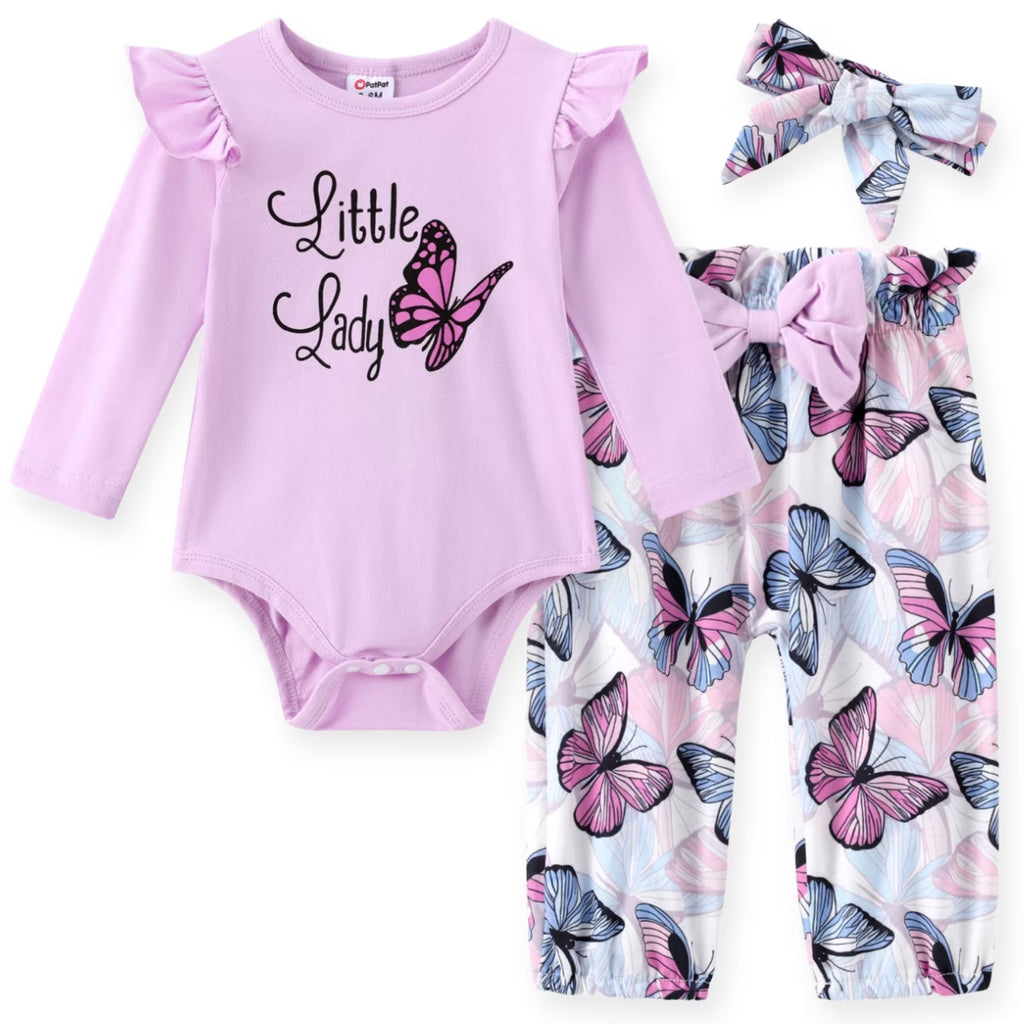 Baby Girl Clothes 3Pcs Ladybug Letter Print Romper and Bowknot Trousers with Headband Set