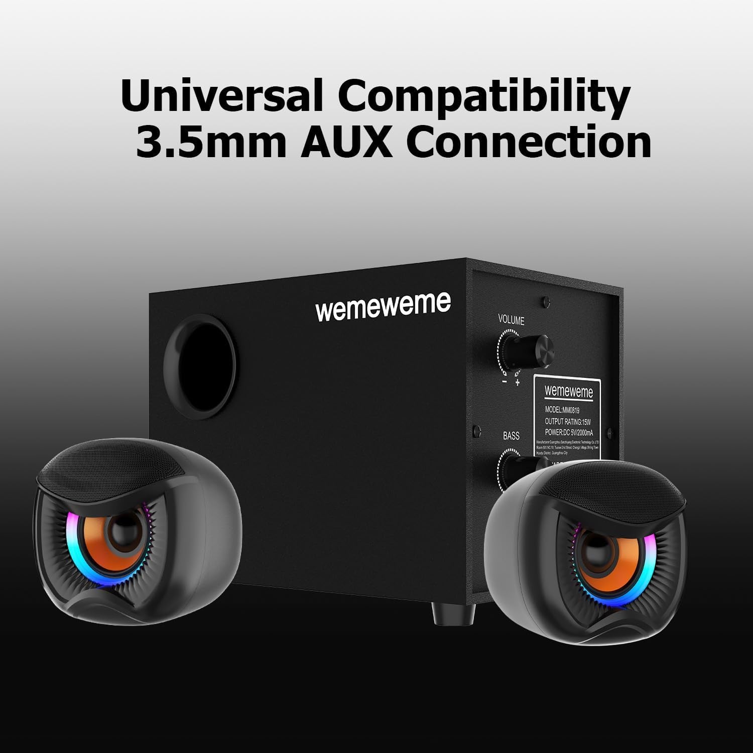 Computer Speakers, PC Speakers with Subwoofer, 2.1 Gaming Speakers for Desktop PC, USB Powered Wired 3.5Mm Aux for Monitor, Laptop, Desk