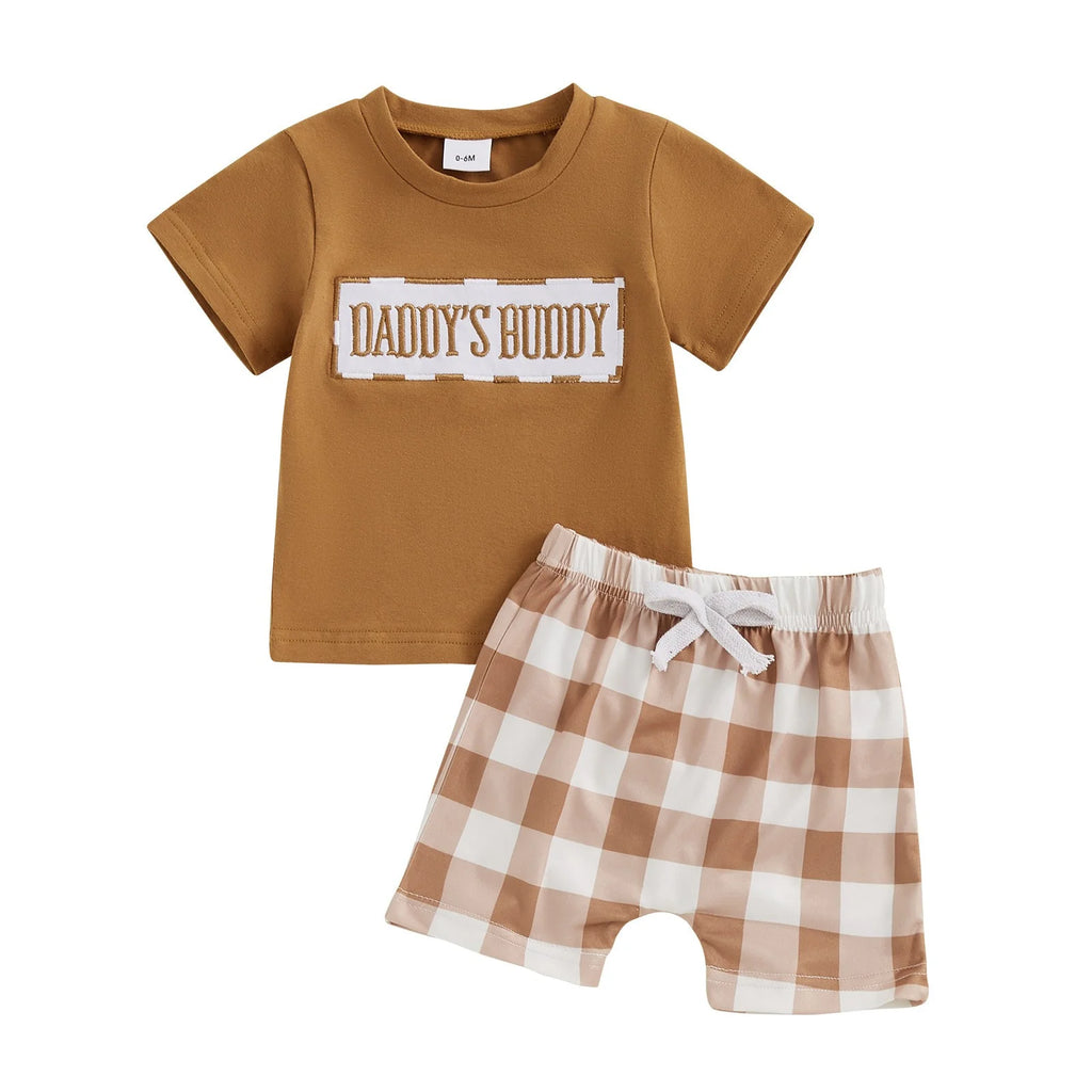 RTKFRFLM Toddler Boy Summer Shorts Set 2 Piece Baby Summer Clothes Daddys/Mamas Matching Outfit Short Sleeve Embroidery T Shirt Plaid Shorts Set Clothes Set Outfits,Size 0-6 Months