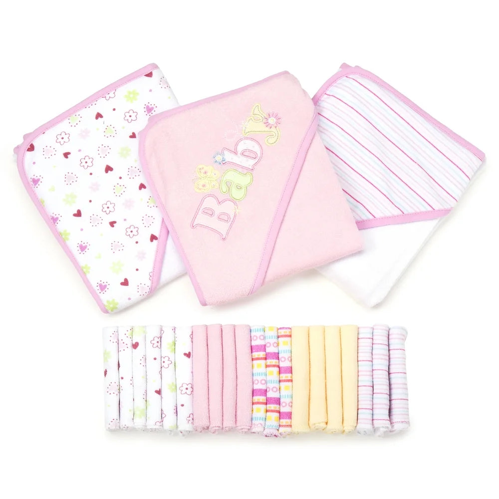 Bath Hooded Towels & Washcloths Set for Babies, 23-Piece Gift Set, Pink Baby