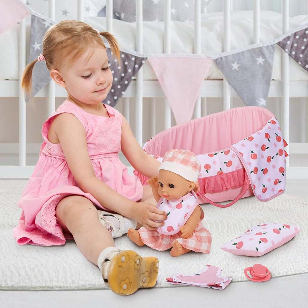 Baby Doll Bassinet Carrier, 12 Inch Baby Doll Accessories Set, Baby Doll Carrier Accessories for 12 Inch Baby Dolls, Including Magic Baby Bottle, Bib, Pacifier, Diaper