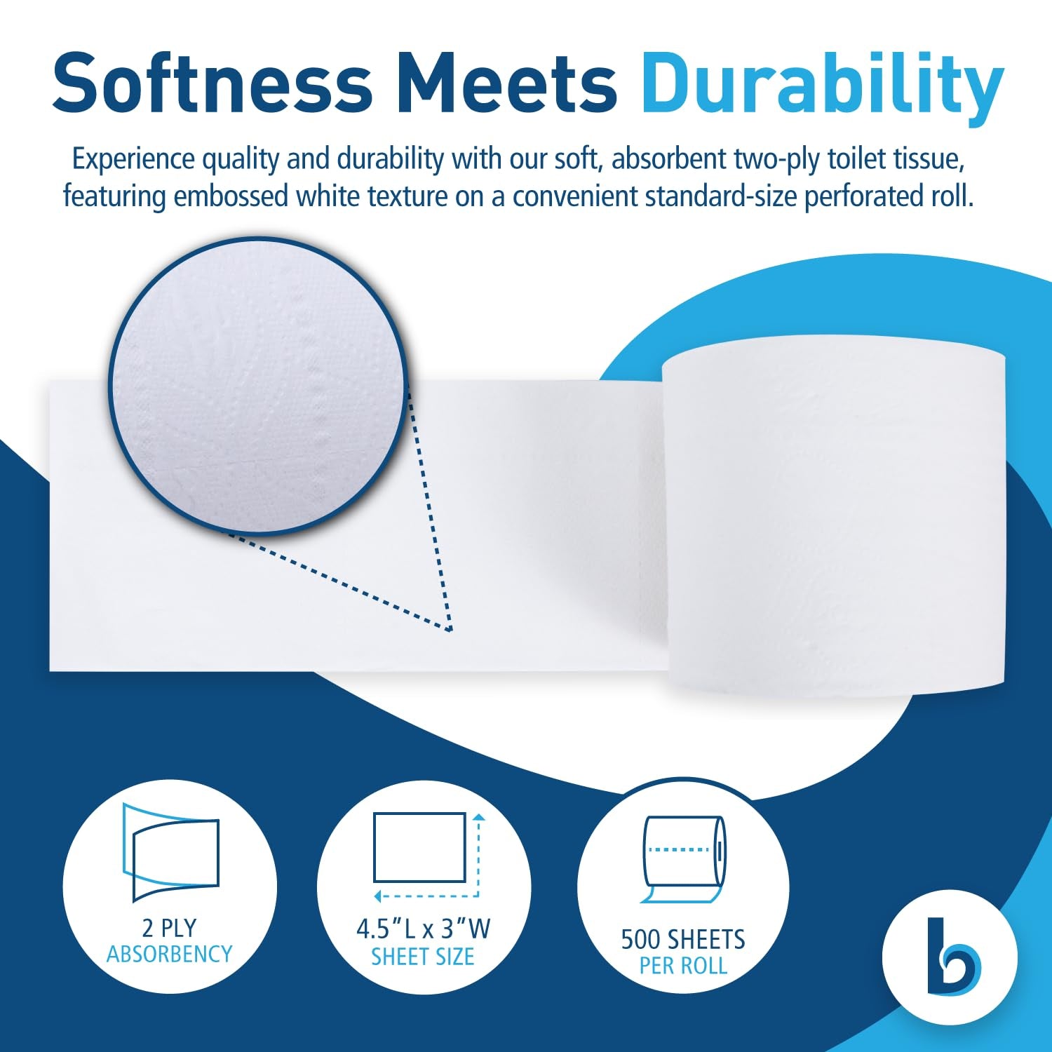 2-Ply Bulk Toilet Paper Rolls for Professional and Commercial Use | 125 Feet Septic Safe Single Roll Toilet Paper Rolls | 500 White 4.5" X 3" Sheets per Roll | 96 Count per Box