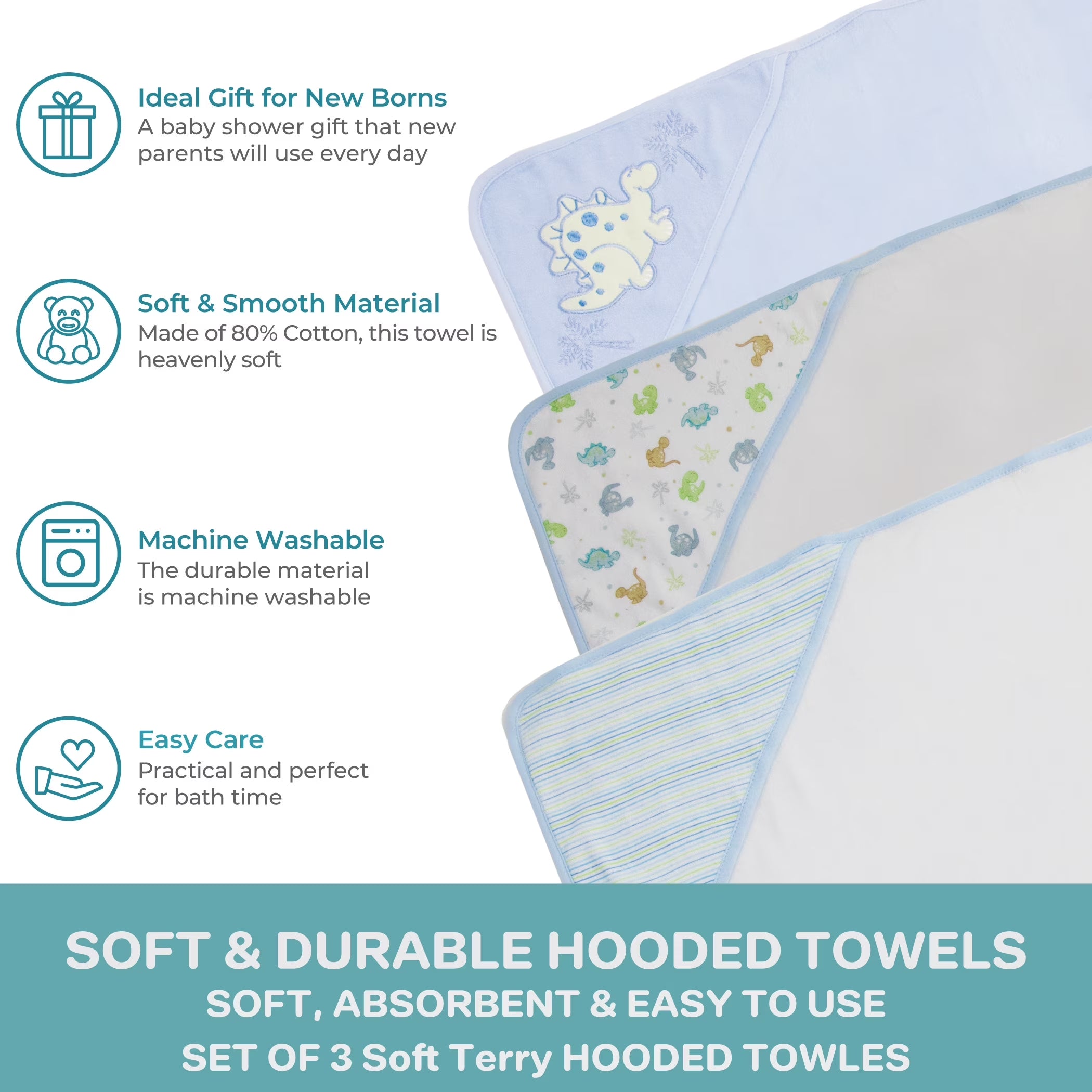 Baby Hooded Towel Set for Newborn Boys and Girls, Soft Terry Bath Set, Pack of 3, Blue Dinosaur