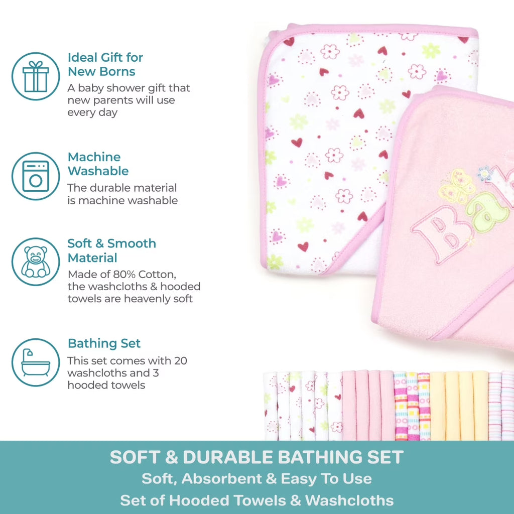 Bath Hooded Towels & Washcloths Set for Babies, 23-Piece Gift Set, Pink Baby
