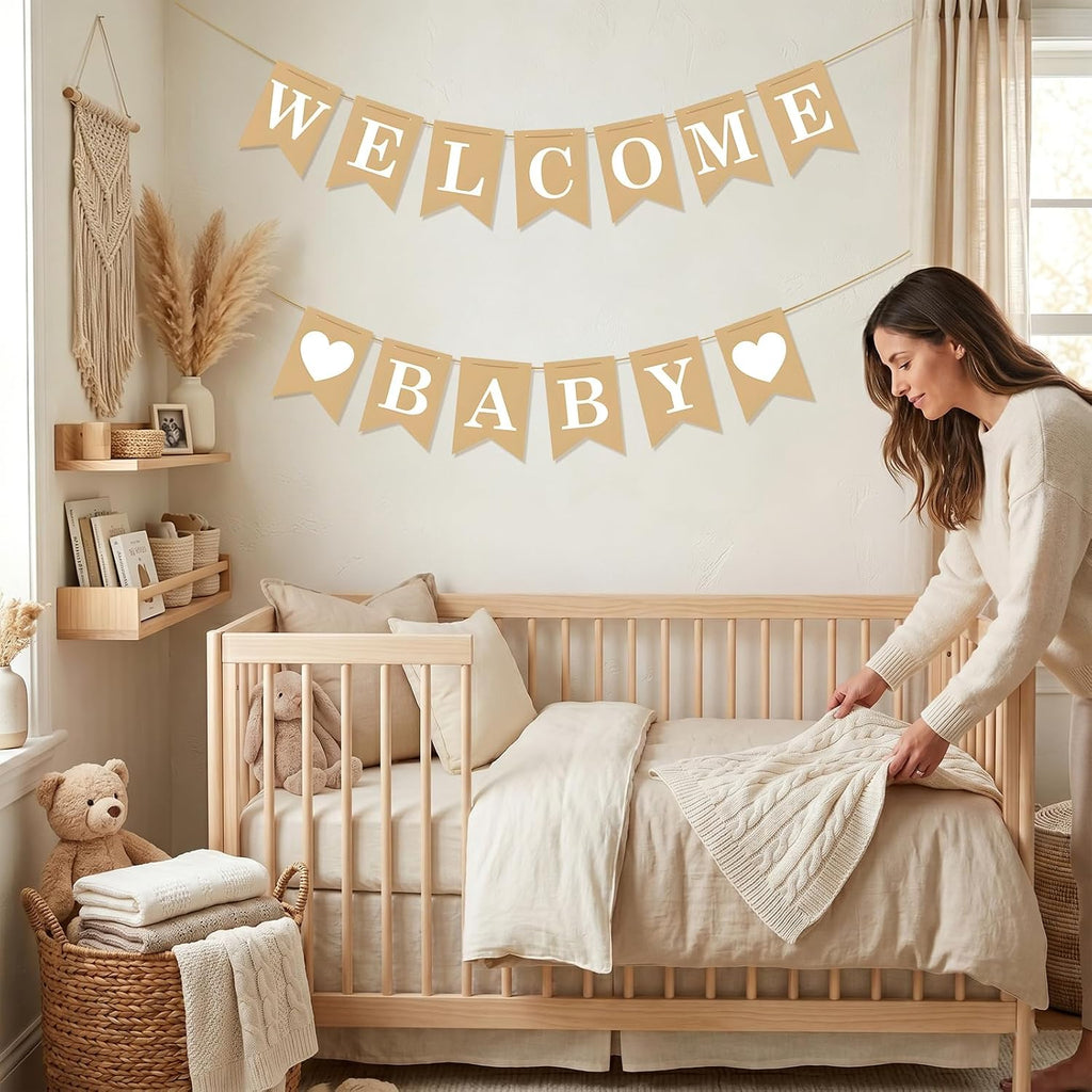 Welcome Baby Banner – Rustic Baby Shower Decorations, Gender Neutral Baby Shower Decor, Pre-Strung Shower Sign, Baby Boy Banner for Party Wall Backdrop