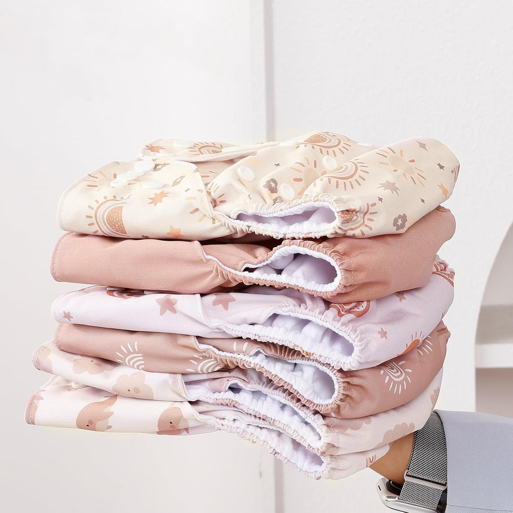 12 Set Reusable Adjustable Cloth Diapers for Newborn | to 0-3 Years,One Size Washable Pocket Nappy Covers for Baby Girl and Boy,6 Pack Cloth Diapers+6Pcs Microfiber Inserts(Pink)