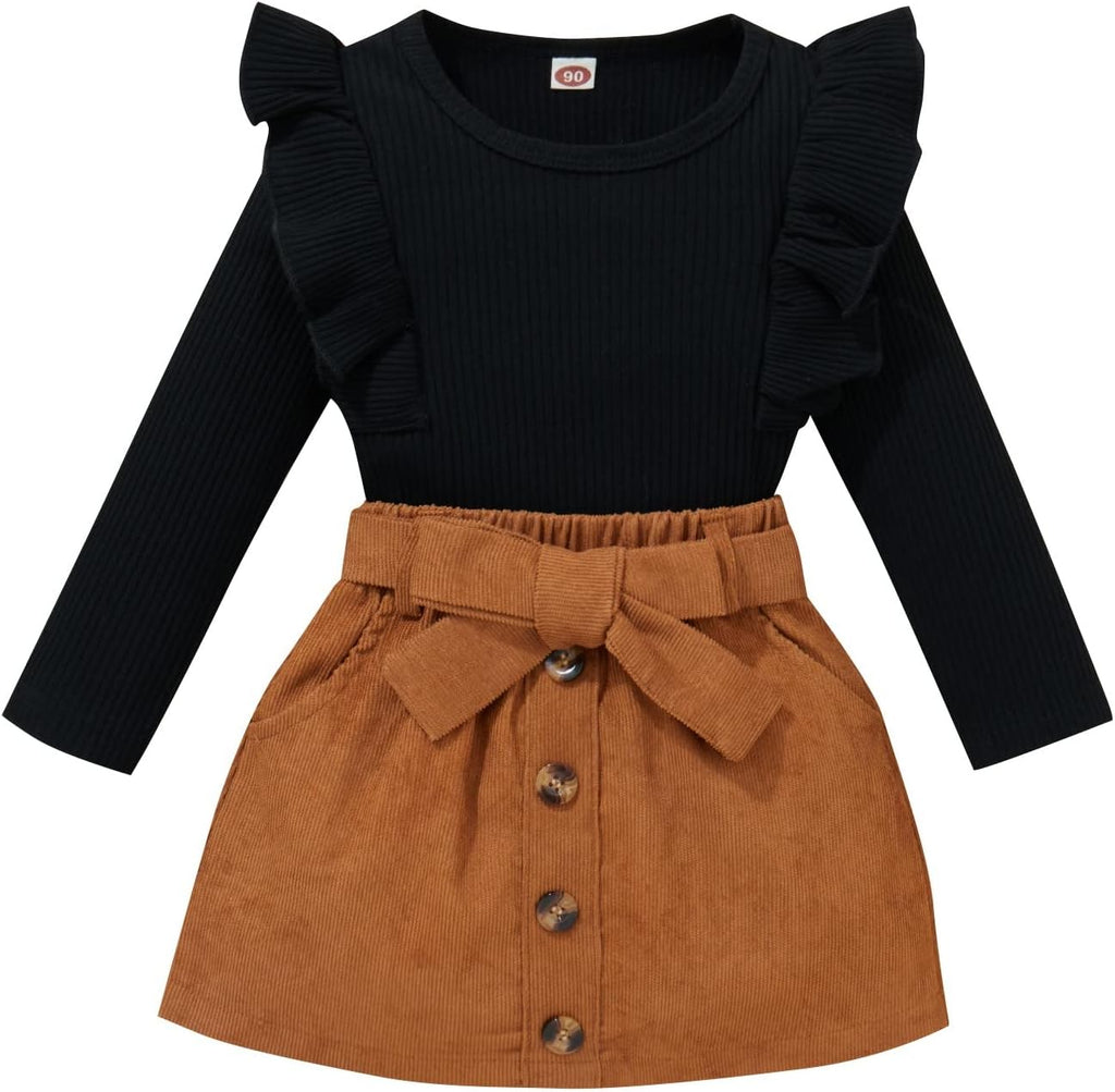 Toddler Baby Girl Fall Winter Clothes Turtleneck Solid Knit Pullover Tops Plaid Button Mini Skirts Set Outfits