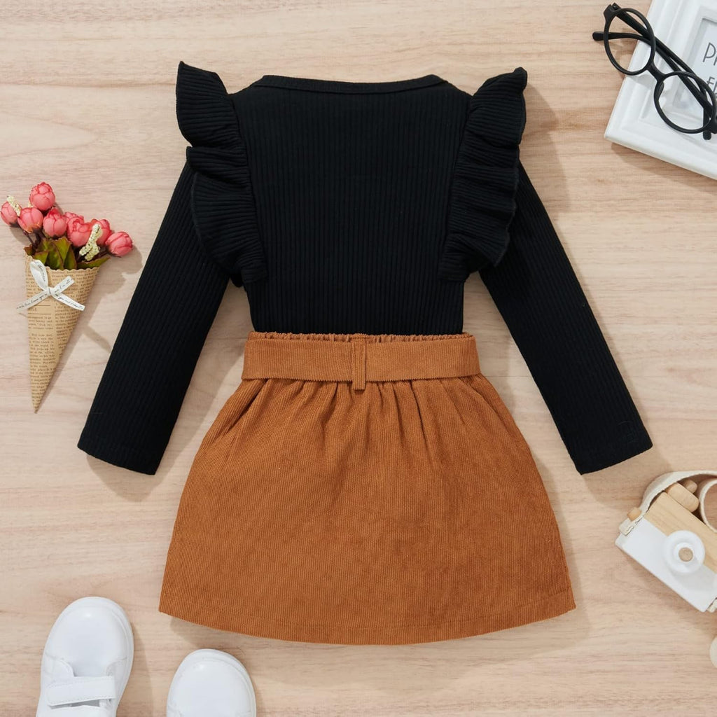 Toddler Baby Girl Fall Winter Clothes Turtleneck Solid Knit Pullover Tops Plaid Button Mini Skirts Set Outfits