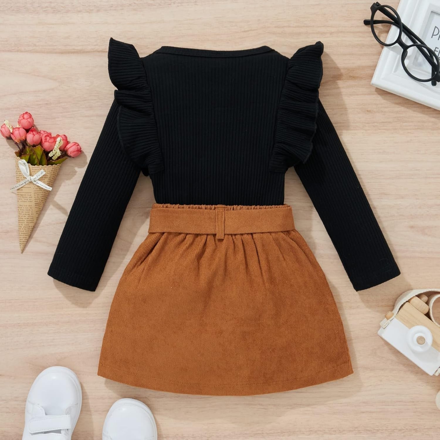 Toddler Baby Girl Fall Winter Clothes Turtleneck Solid Knit Pullover Tops Plaid Button Mini Skirts Set Outfits