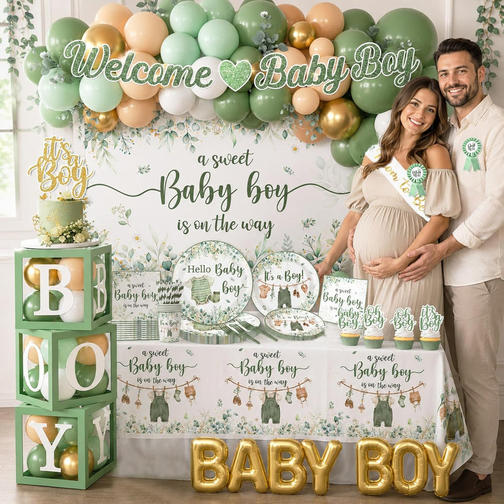 Baby Boy Shower Decorations,267Pcs Baby Shower Decorations Green Plates and Napkins Cups Banner Backdrop Tablecloth Cake Topper Balloon for Sweet Baby Boy Baby Shower Decorations