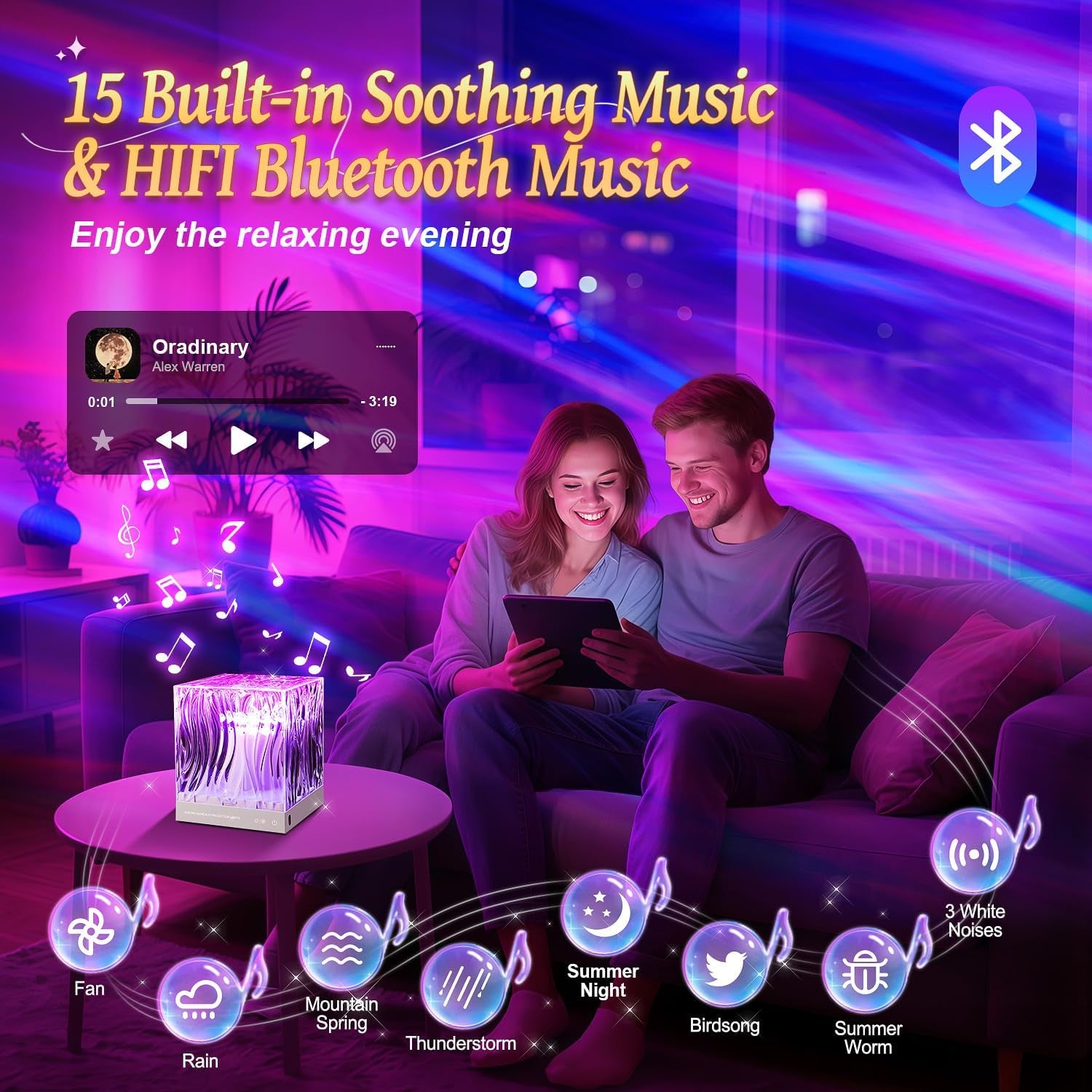 Northern Lights Projector White Noise Sound Machine for Sleep, 18-Color 15 White Noise Machine for Sleeping, Bluetooth Aurora Light Projector for Bedroom Aurora Projector,Shower Light Ambient Lighting