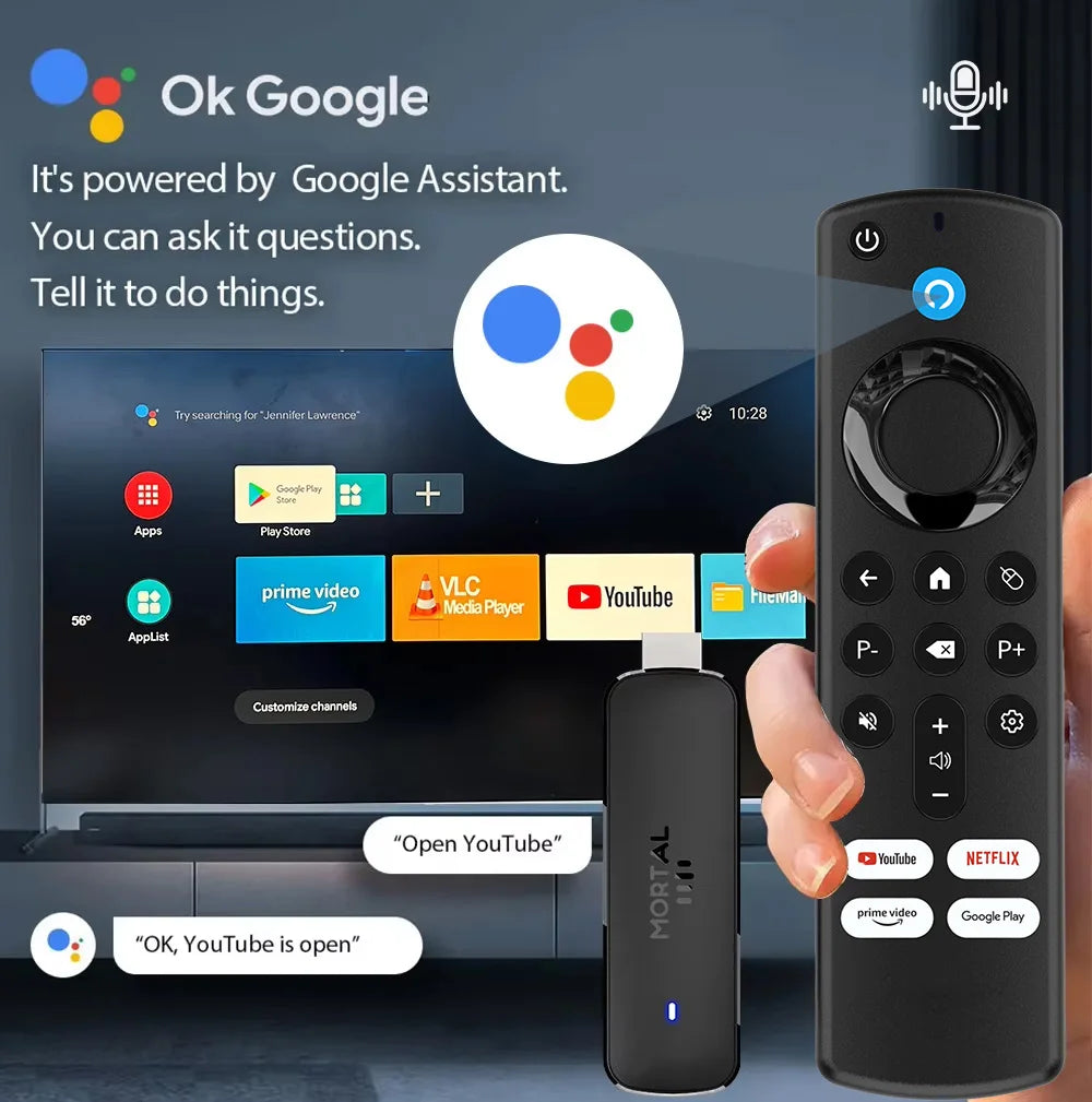 Mortal Android 14 TV Stick Full HD 4K 1080P Wifi 6 Google Voice NETFLIX Youtube Q8 BT5 24Fps Wireless Video Decode Media Player