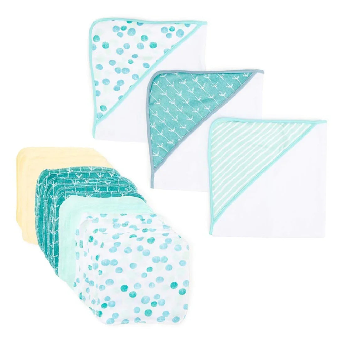 Bath Hooded Towels & Washcloths Set for Babies, 23-Piece Gift Set, Green Dots