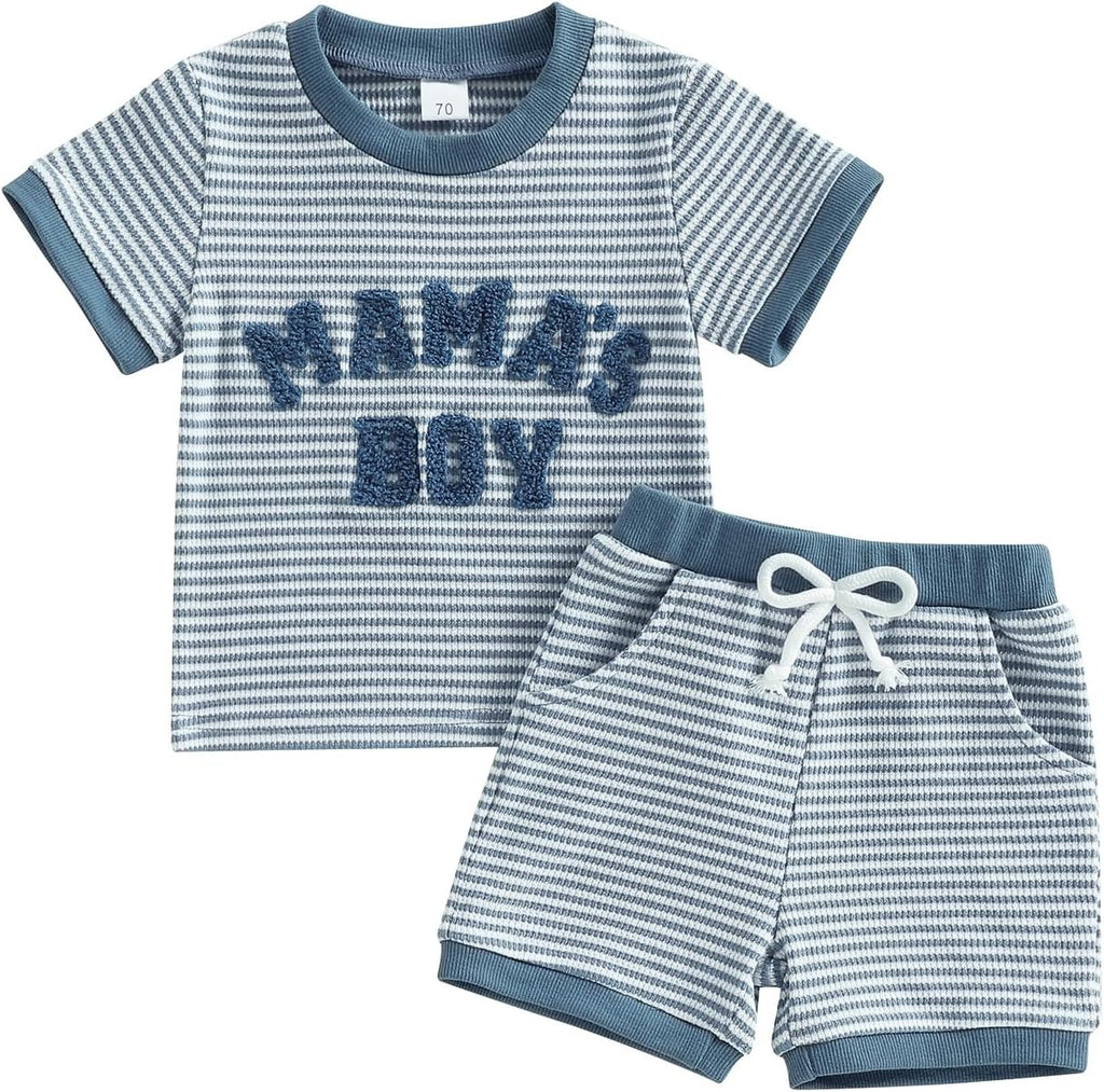 Baby Boy Summer Clothes Mamas Boy Embroidered Waffle Knit Short Sleeve T-Shirt Shorts Set Toddler Striped Outfit