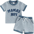 Baby Boy Summer Clothes Mamas Boy Embroidered Waffle Knit Short Sleeve T-Shirt Shorts Set Toddler Striped Outfit