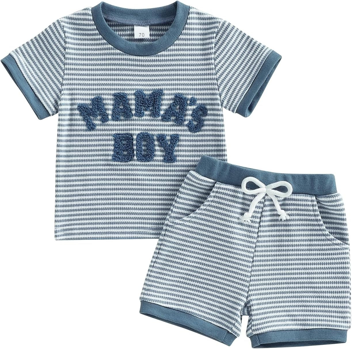 Baby Boy Summer Clothes Mamas Boy Embroidered Waffle Knit Short Sleeve T-Shirt Shorts Set Toddler Striped Outfit