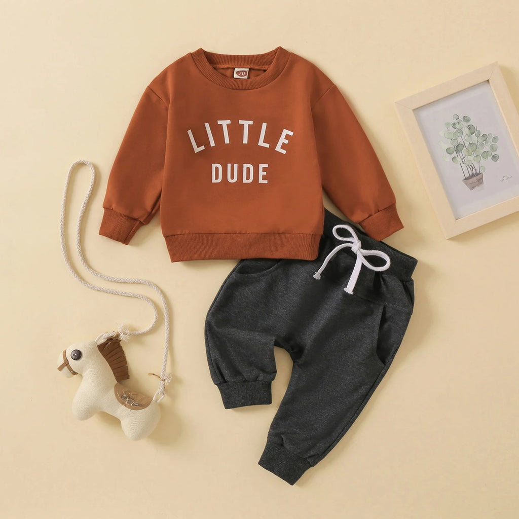Baby Boy Outfits Toddler Boy Clothes 2T Toddler Baby Boy Fall Winter Clothes Letter Print Long Sleeve Sweatshirt Pullover Tops + Joggers Pants Outfit Set Brown 12-18 Months