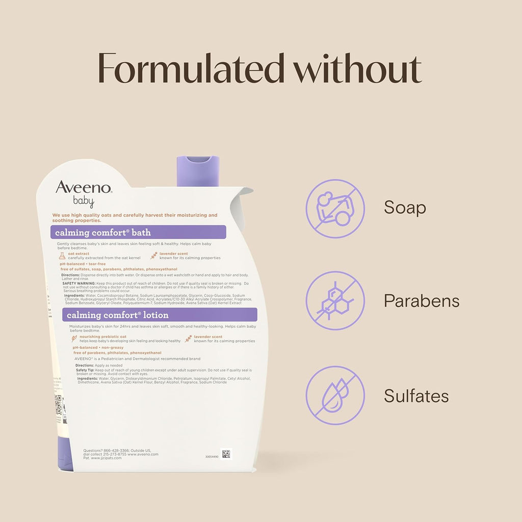 Aveeno Baby Calming Comfort Bath + Body Lotion Set, Nighttime Baby Wash & Baby Lotion with Oat Extract, Soothing Lavender & Vanilla Scent, Gently Cleanses & Helps Calm Baby before Bedtime, 2 Items