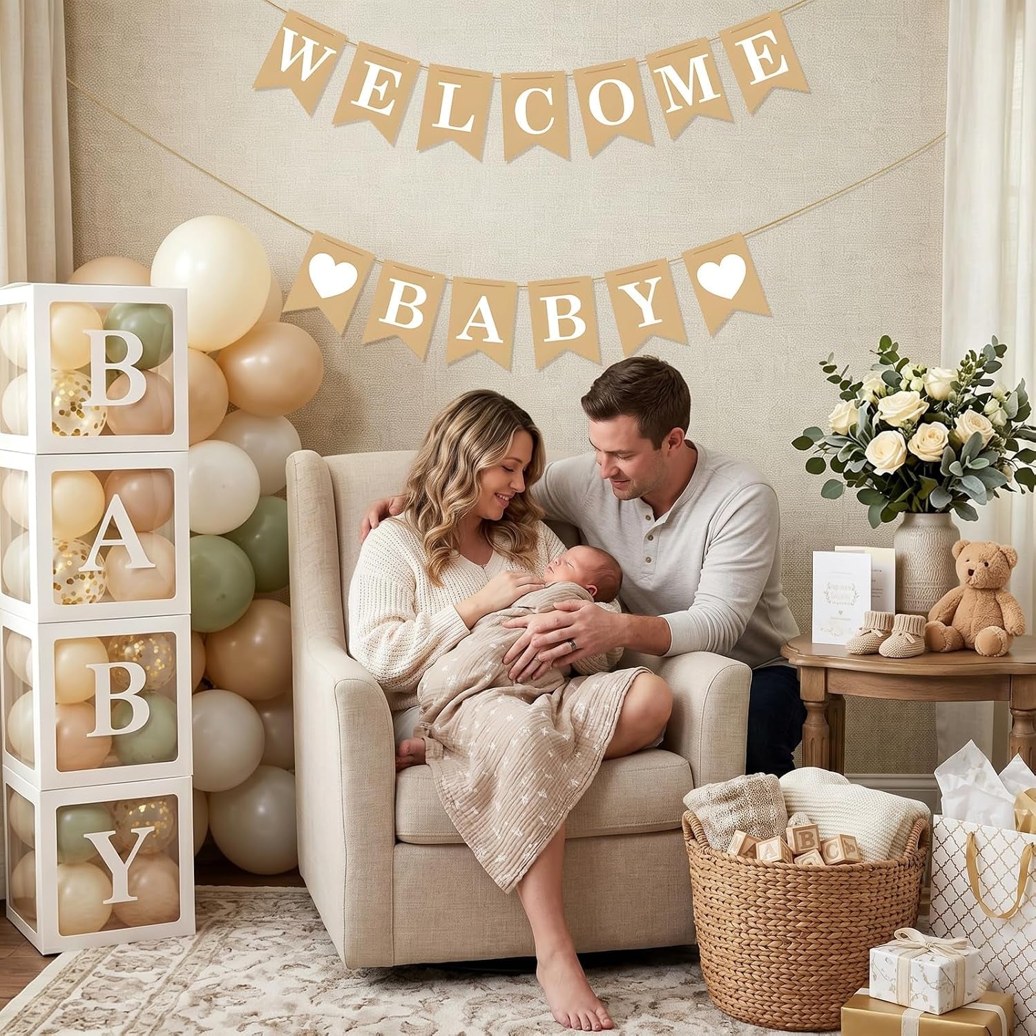 Welcome Baby Banner – Rustic Baby Shower Decorations, Gender Neutral Baby Shower Decor, Pre-Strung Shower Sign, Baby Boy Banner for Party Wall Backdrop