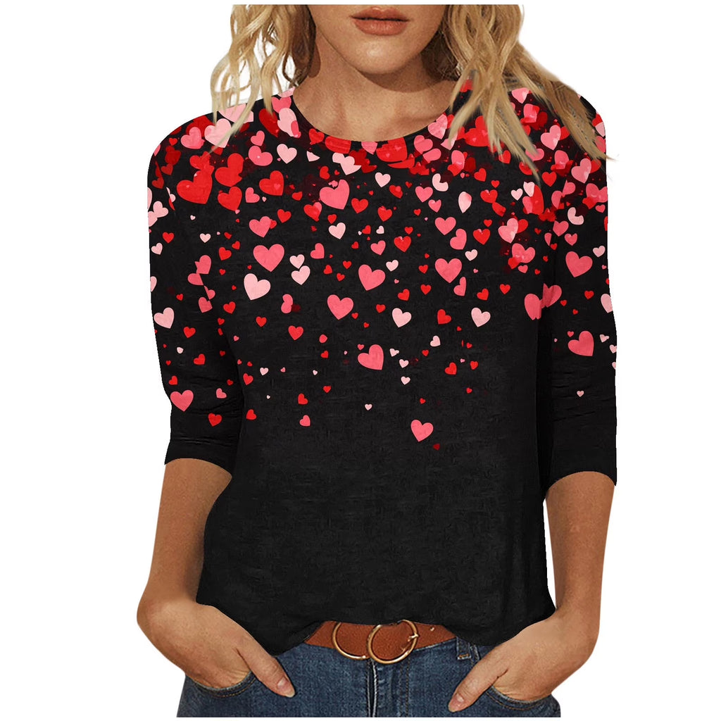 Womens Valentines Day Tops Romantic Three-Quarter Sleeve Shirts Casual round Neck Love Graphic Gift for Wife Tops