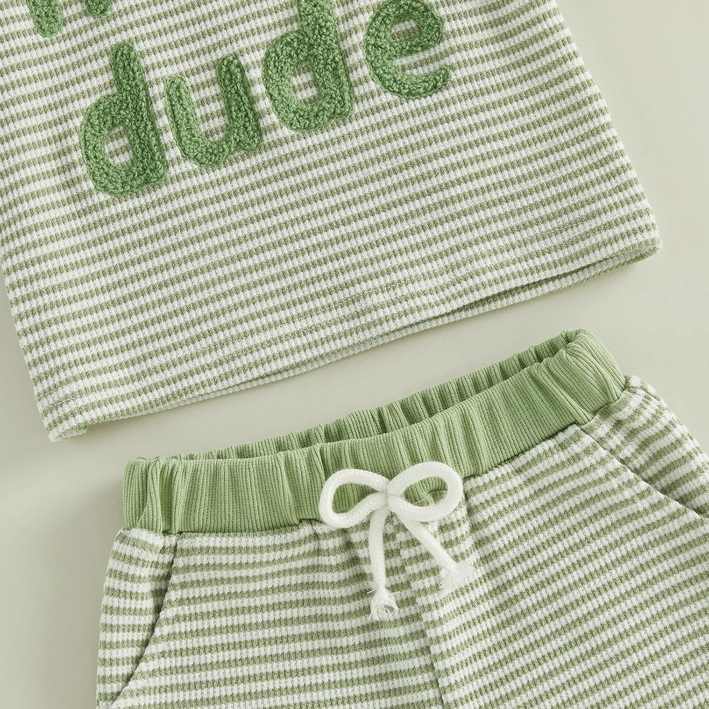 Baby Boy Summer Clothes Mamas Boy Embroidered Waffle Knit Short Sleeve T-Shirt Shorts Set Toddler Striped Outfit