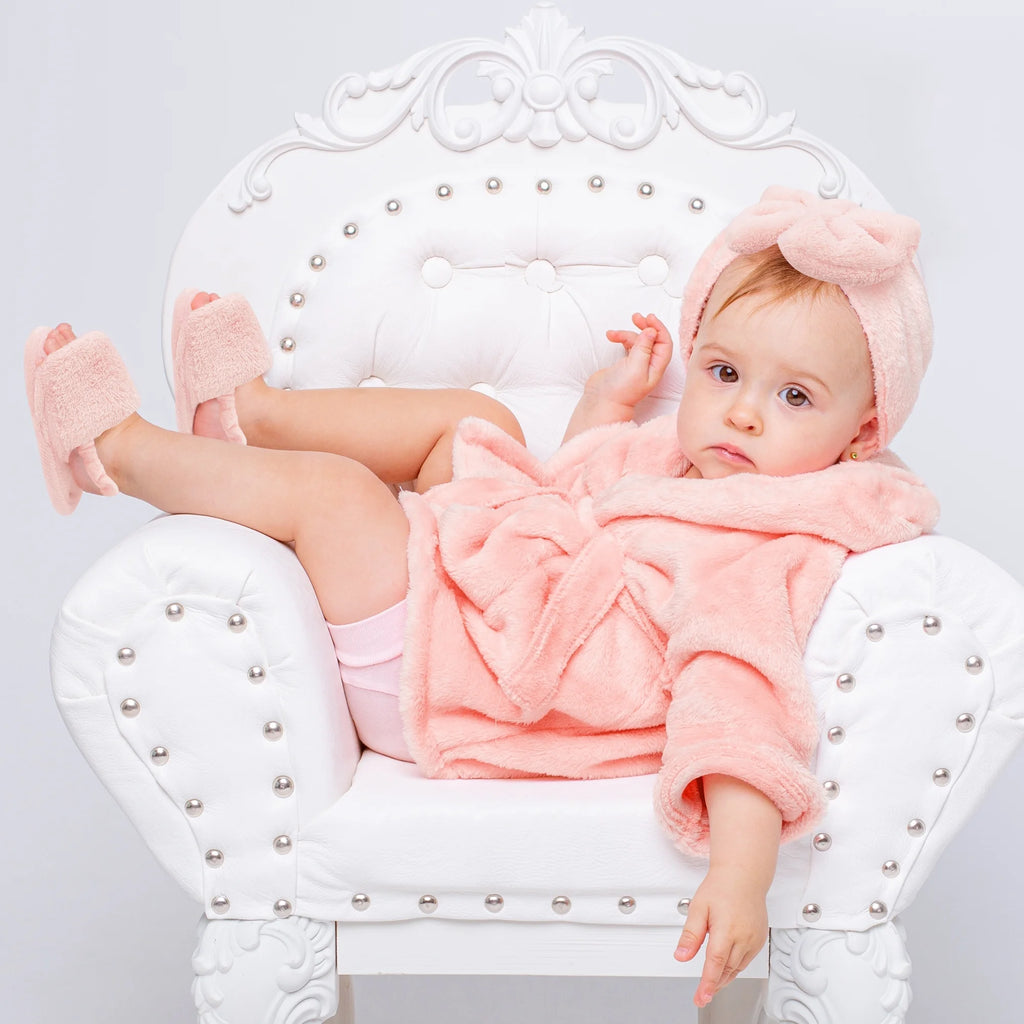 Baby Robe - Soft Plush Bath Towel Robe Spa Set - Baby Bathrobe Towel & Slippers for Boys + Turban for Girls Robe Set (Pink, 0-9 Months)