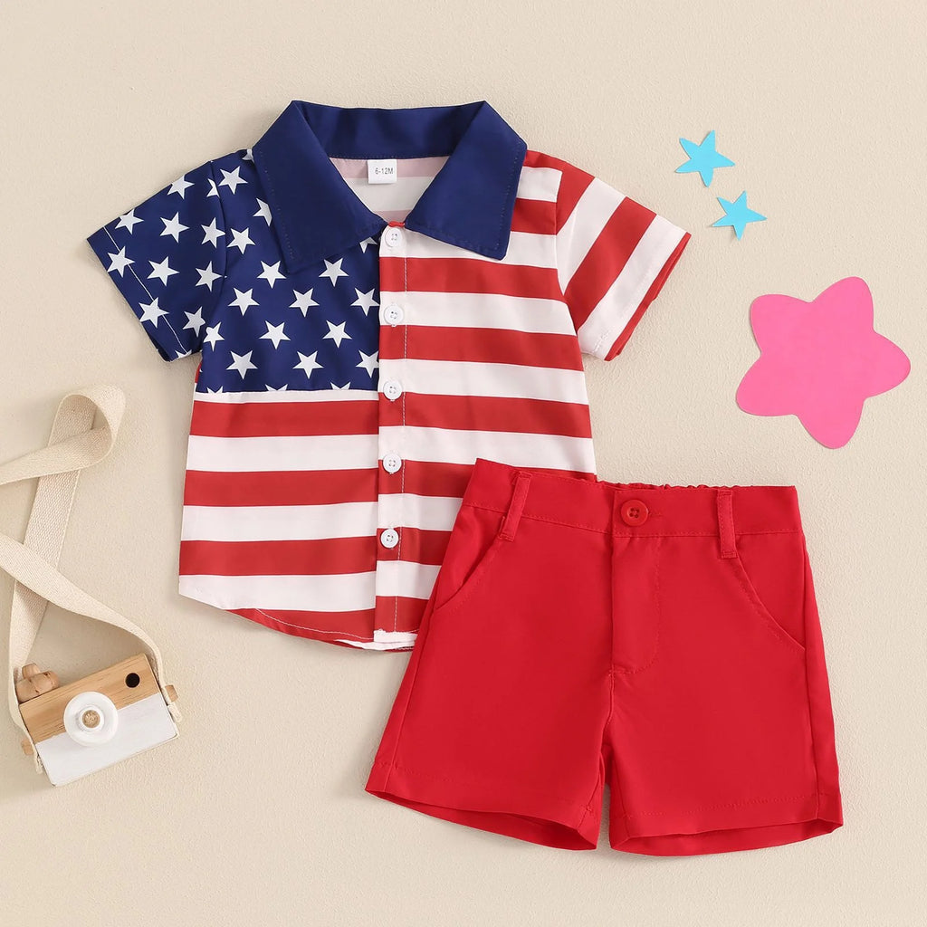 Newborn Baby Boy Clothes 4Th of July Baby Boy Outfit American Flag T-Shirt Top Striped Shorts Toddler Fourth of July Clothes 2 Piece Set Red,18-24 Months