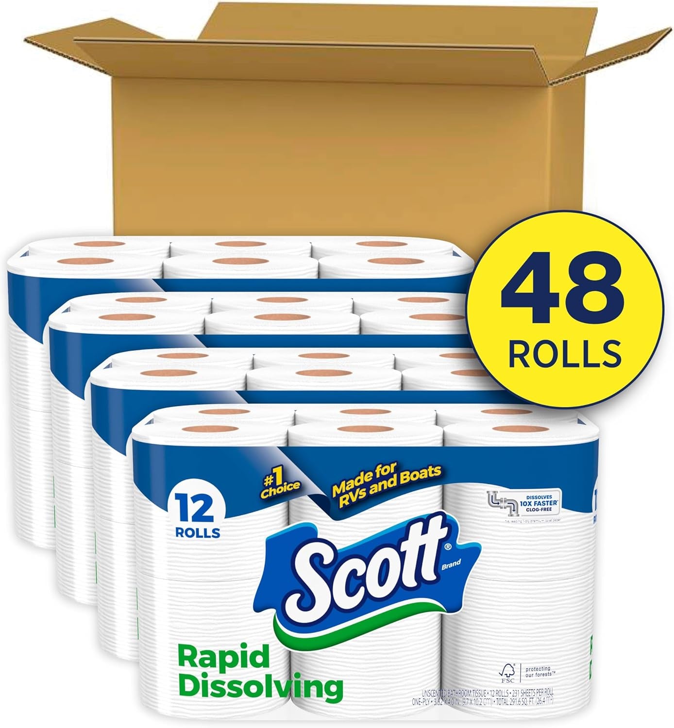 Scott Rapid-Dissolving Toilet Paper, 48 Double Rolls (6 Packs of 8), Septic-Safe, Toilet Paper