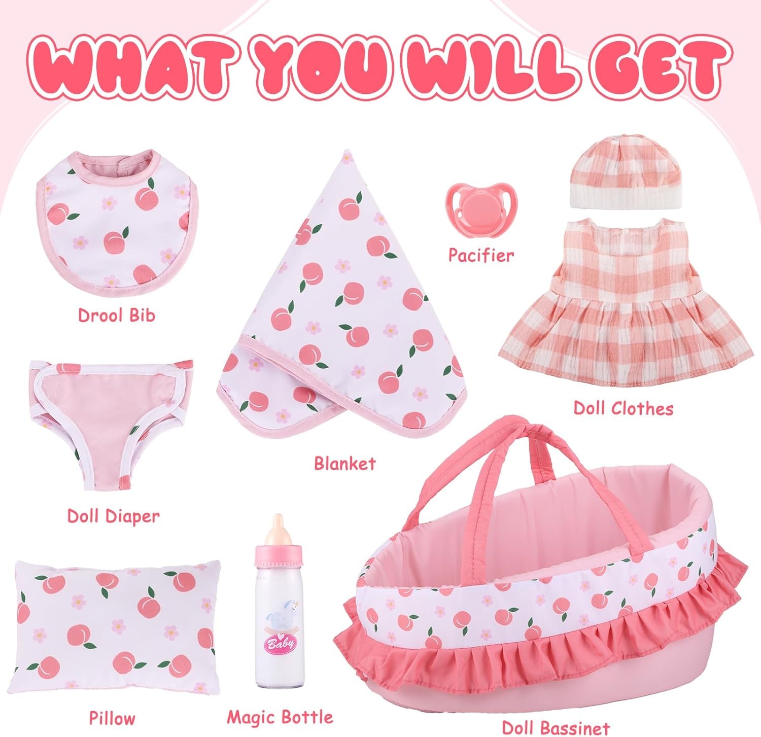 Baby Doll Bassinet Carrier, 12 Inch Baby Doll Accessories Set, Baby Doll Carrier Accessories for 12 Inch Baby Dolls, Including Magic Baby Bottle, Bib, Pacifier, Diaper
