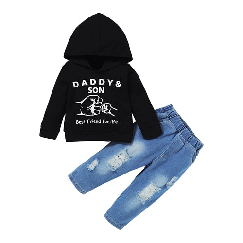 4T Baby Boy Clothes Baby Boy Outfits Hooded Long Sleeve Letter Print Tops Ripped Jeans Pants Set 5T Baby Boy Fall Clothes Black