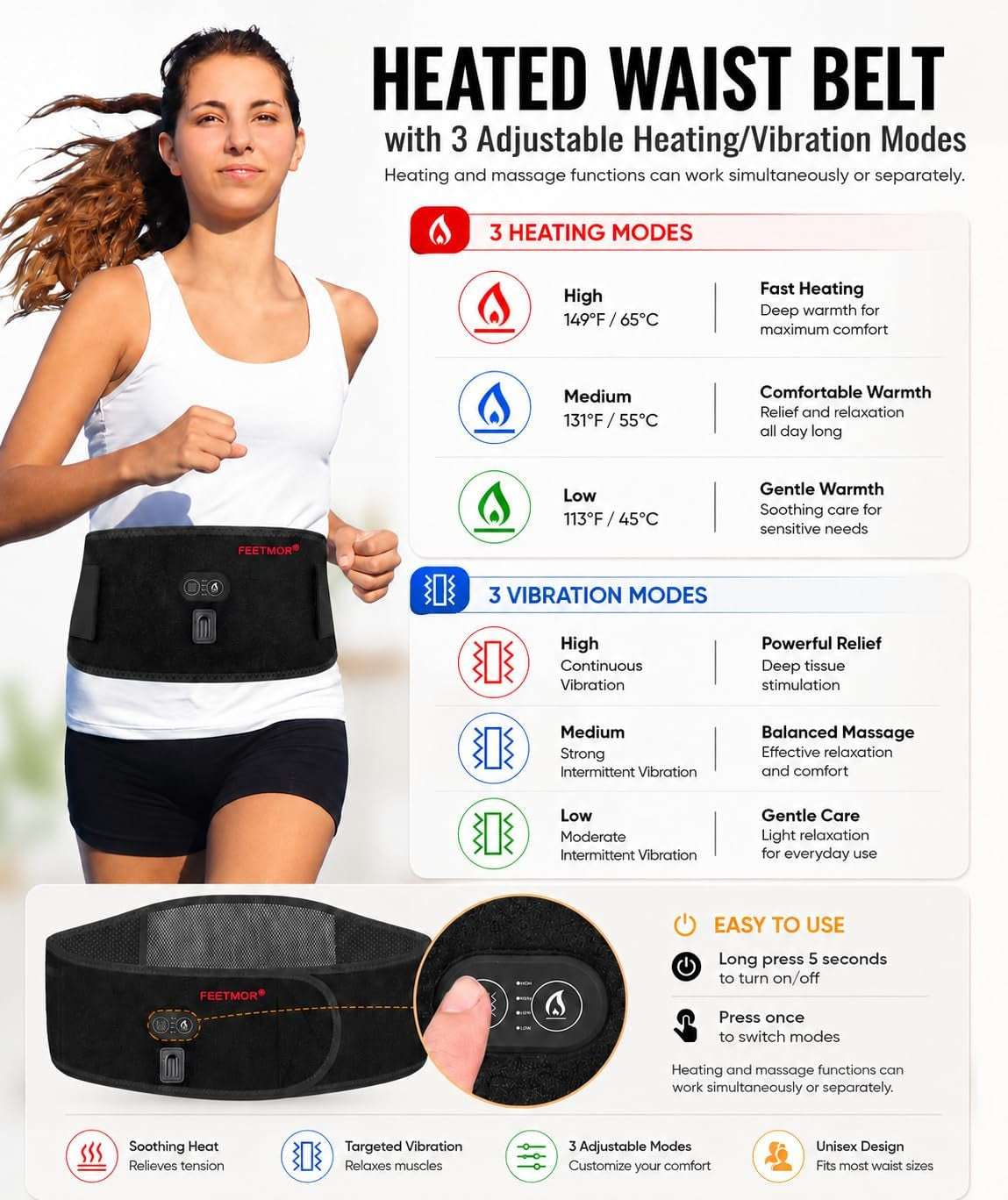Heated Waist Belt, Cordless Heating Pad for Low Back Electrical Heating Rechargeable Battery Powered