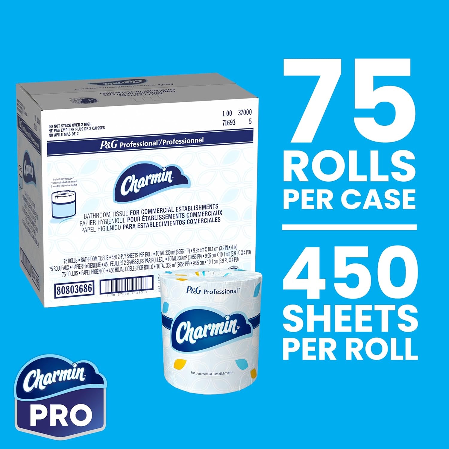 Charmin Professional Commercial Toilet Paper Rolls, Bulk 2-Ply Bathroom Tissue, Individually Wrapped, 450 Sheets (75 Count)