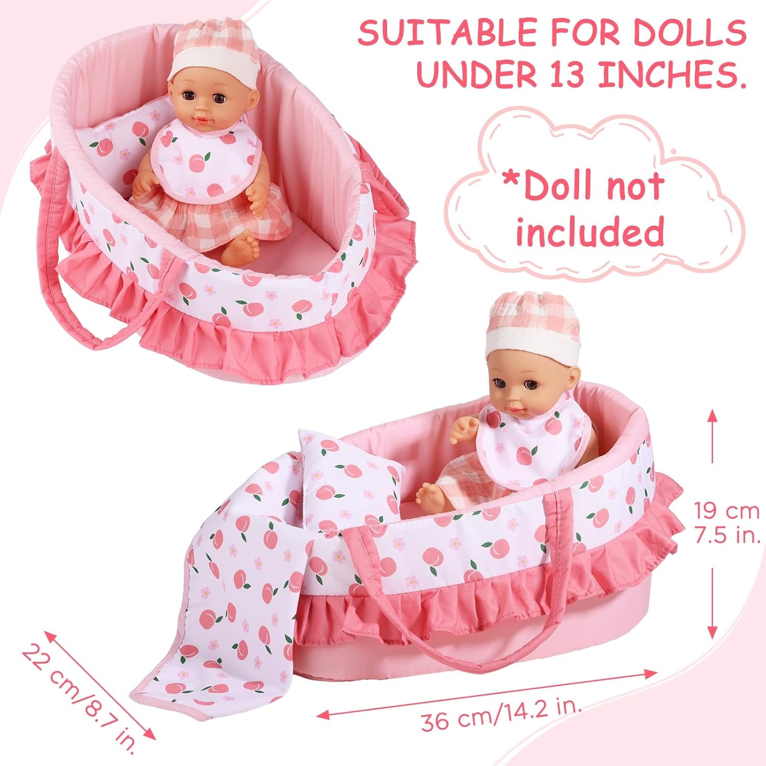 Baby Doll Bassinet Carrier, 12 Inch Baby Doll Accessories Set, Baby Doll Carrier Accessories for 12 Inch Baby Dolls, Including Magic Baby Bottle, Bib, Pacifier, Diaper
