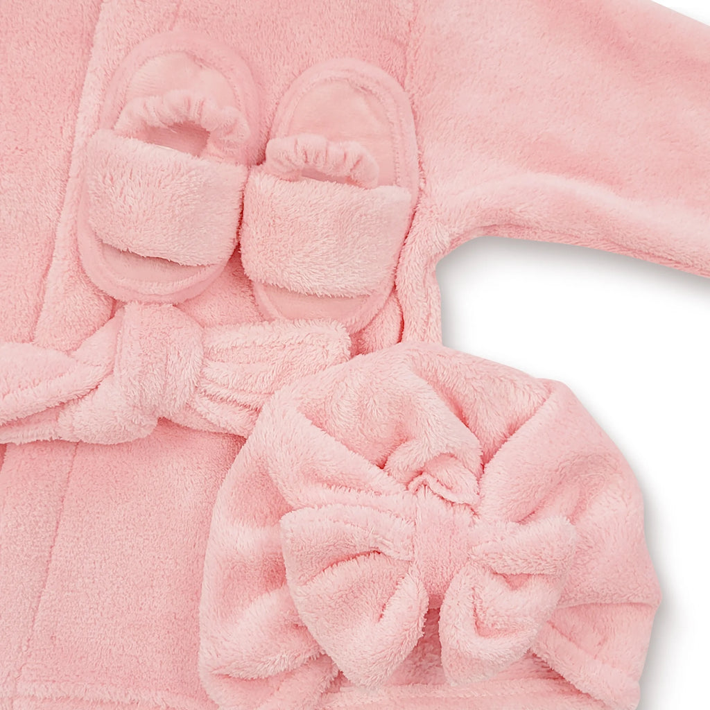 Baby Robe - Soft Plush Bath Towel Robe Spa Set - Baby Bathrobe Towel & Slippers for Boys + Turban for Girls Robe Set (Pink, 0-9 Months)