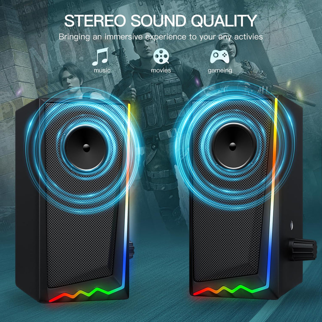 Computer Speakers, Desktop Speakers with Various Colorful LED, Gaming Speakers with Volume Control,For PC, AC Adapter Powered and 3.5Mm Aux-In Computer Speakers