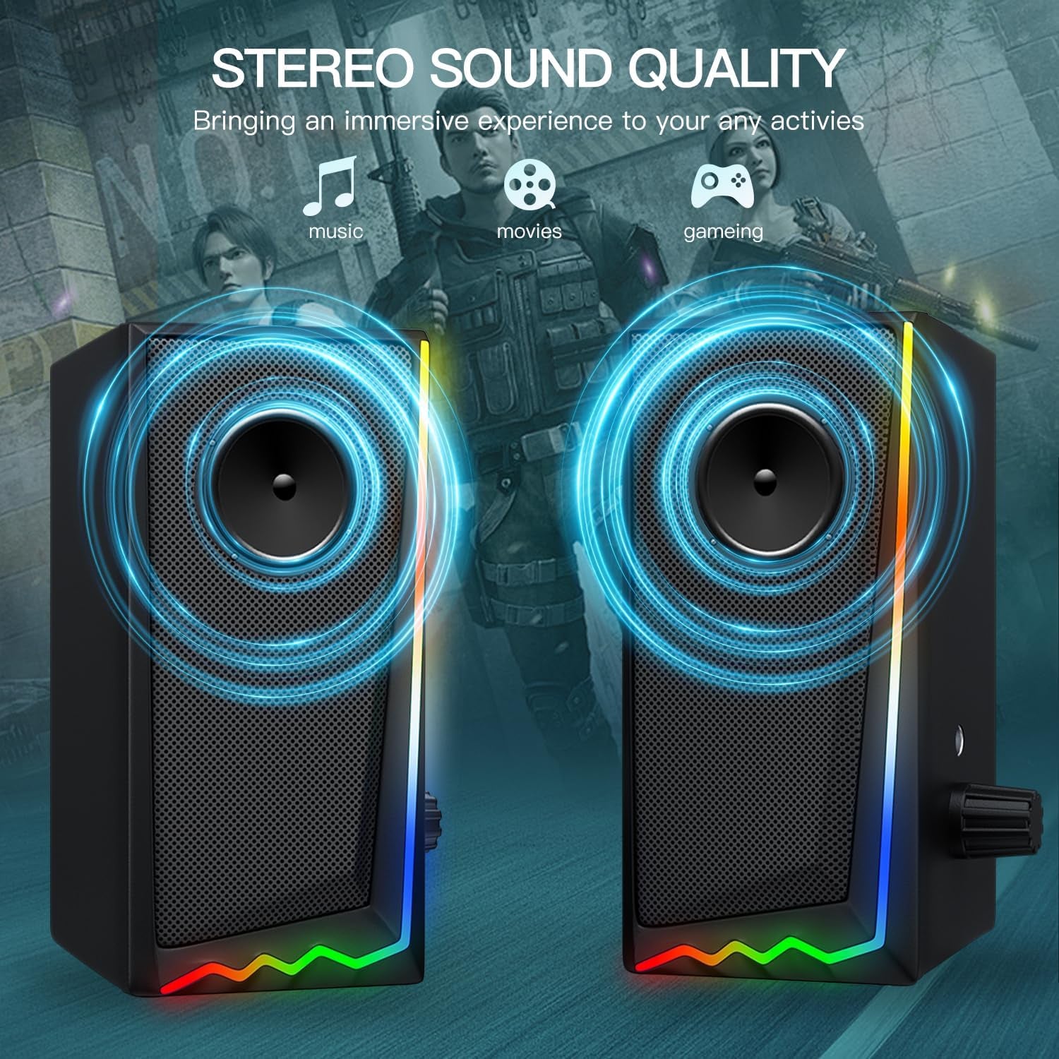 Computer Speakers, Desktop Speakers with Various Colorful LED, Gaming Speakers with Volume Control,For PC, AC Adapter Powered and 3.5Mm Aux-In Computer Speakers