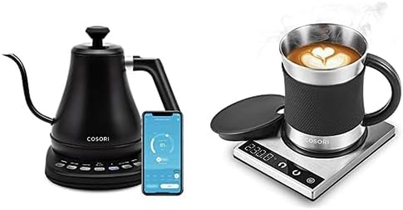 Electric Gooseneck Kettle Smart Bluetooth with Variable Temperature Control&Coffee Mug Warmer & Mug Set, Beverage Cup Warmer